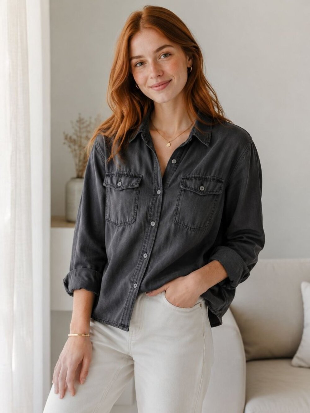 American Eagle Women’s Denim Black Button Up Shirt Size L